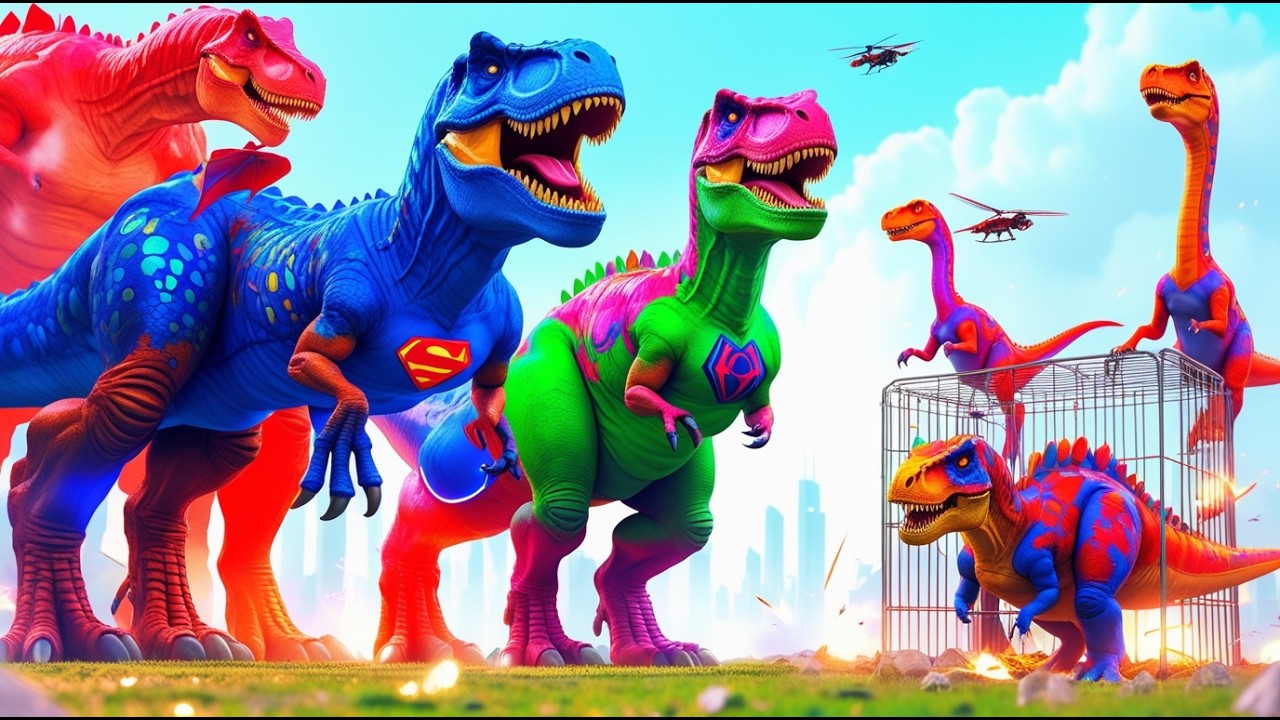 ALL SUPERHERO TEAM DINOSAURS in Jurassic World INDOMINUS REX VS SPINOSAURUS Final Battle T-Rex