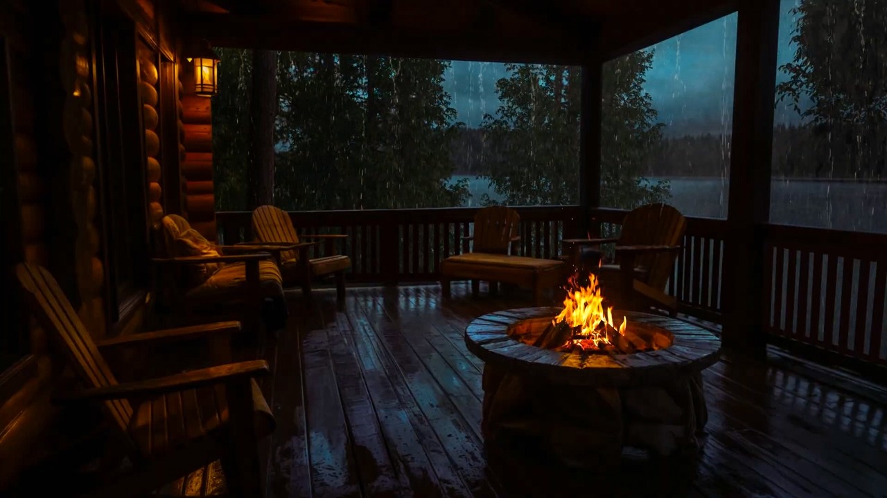 Calm Rain on a Lakeside Balcony (No Ads) 🌧️🔥 Warm Fireplace Ambience for Instant Sleep & Study 📚😴