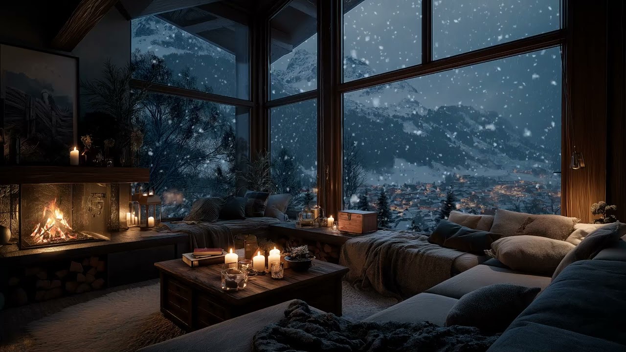 🔥 Fireside winter calm | Crackling embers and snow outside for deep relaxation.