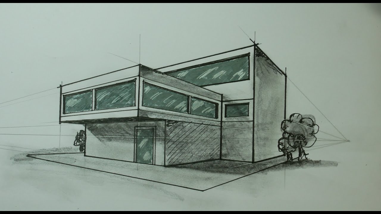 Architectural - How To Draw Modern House in 2 Point Perspective