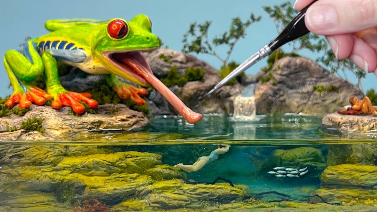 GIANT TREE FROG that hunts swimmers! Diorama, Polymer clay