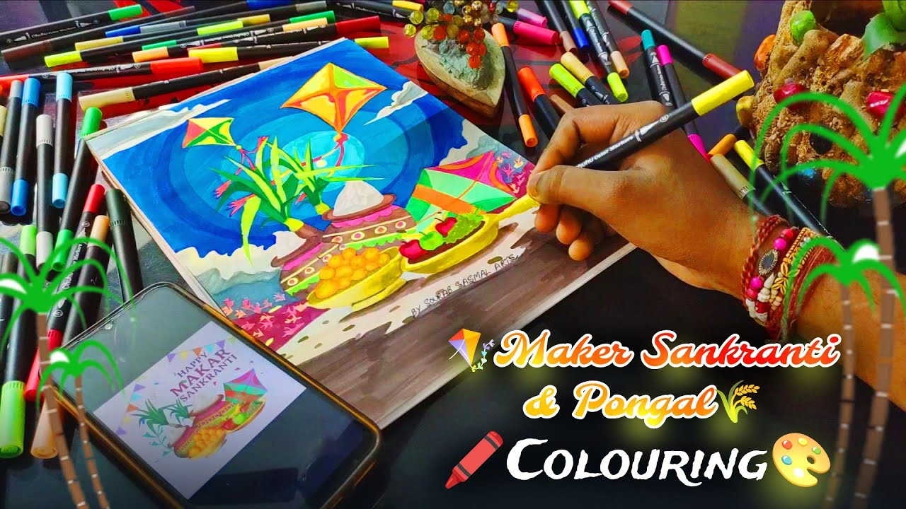 😃 North Meets South 🤗 | 🎨 Colouring 🪁 Maker Sankranti And Pongal 🌾 With 🖍️ Ohuhu Brush Pens ✨
