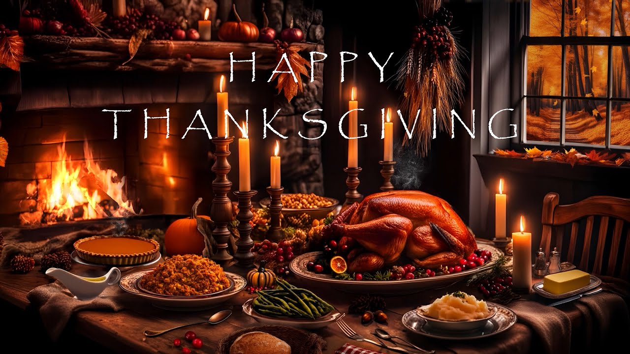 THANKSGIVING DAY FEAST AMBIENCE-COZY DINING ROOM-CRACKLING FIREPLACE-FALLING LEAVES-KITCHEN CHATTER