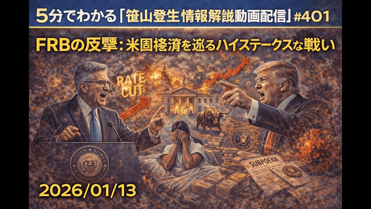 「FRBの反撃：米国経済を巡るハイステークスな戦い」(2026/01/13)(5分でわかる「笹山登生の情報解説動画配信」#401)