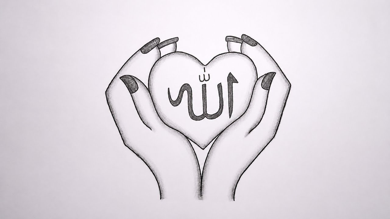 How to Draw a Hand Holding Heart Allah Name Calligraphy || Allah Name Calligraphy || Islamic Drawing