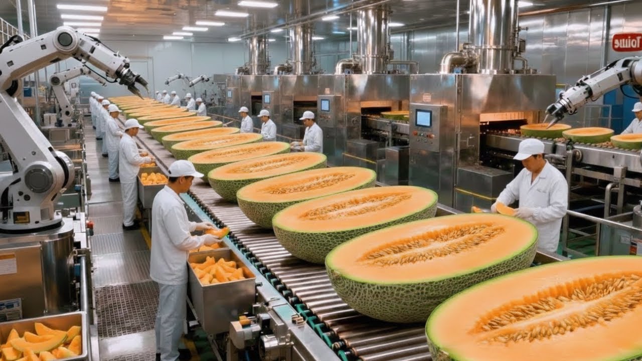 Dentro de una moderna fábrica de melón Cantaloupe: Del fruto entero a la base de puré