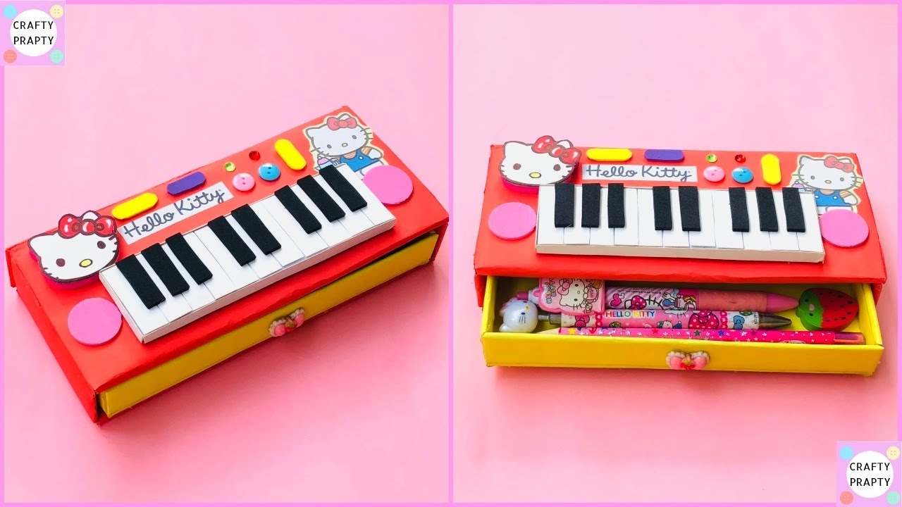 How to make Hello kitty toy Piano pencil box with paper /stationery Organizer/ School supplies