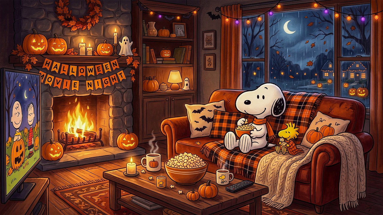 Snoopy&rsquo;s Cozy Halloween Movie Night 🎃 Smooth Jazz & Fireplace Sounds for Sleep, Study & Relaxation
