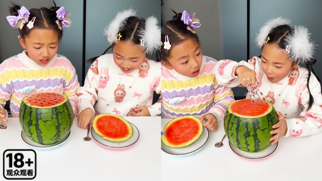 妹妹把大西瓜分给姐姐，姐姐看着有籽不想吃要和妹妹换，没想到上面的籽都是假的！【久久好物】