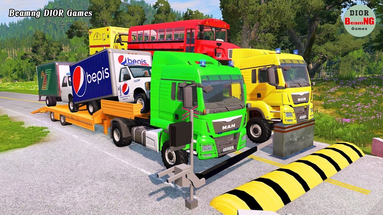 Double Flatbed Trailer Truck vs speed bumps|Busses vs speed bumps|Beamng Drive|1311