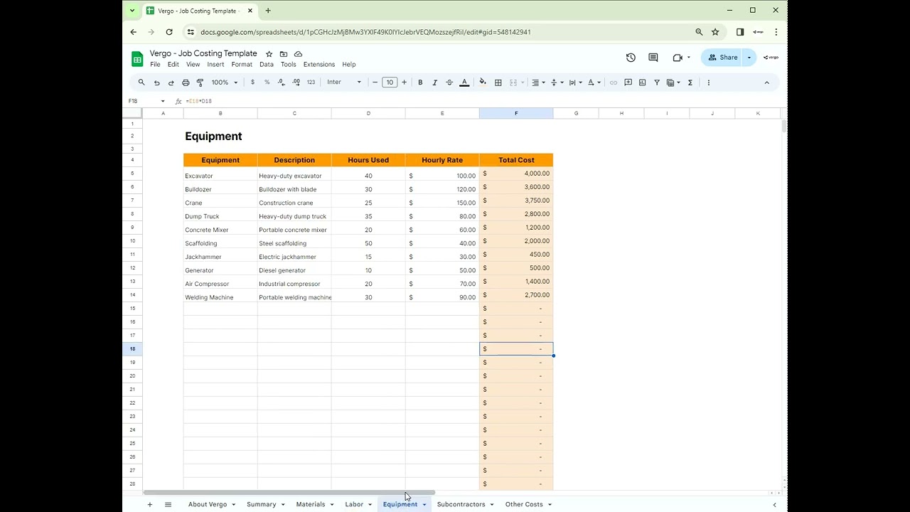 Vergo Job Costing Template