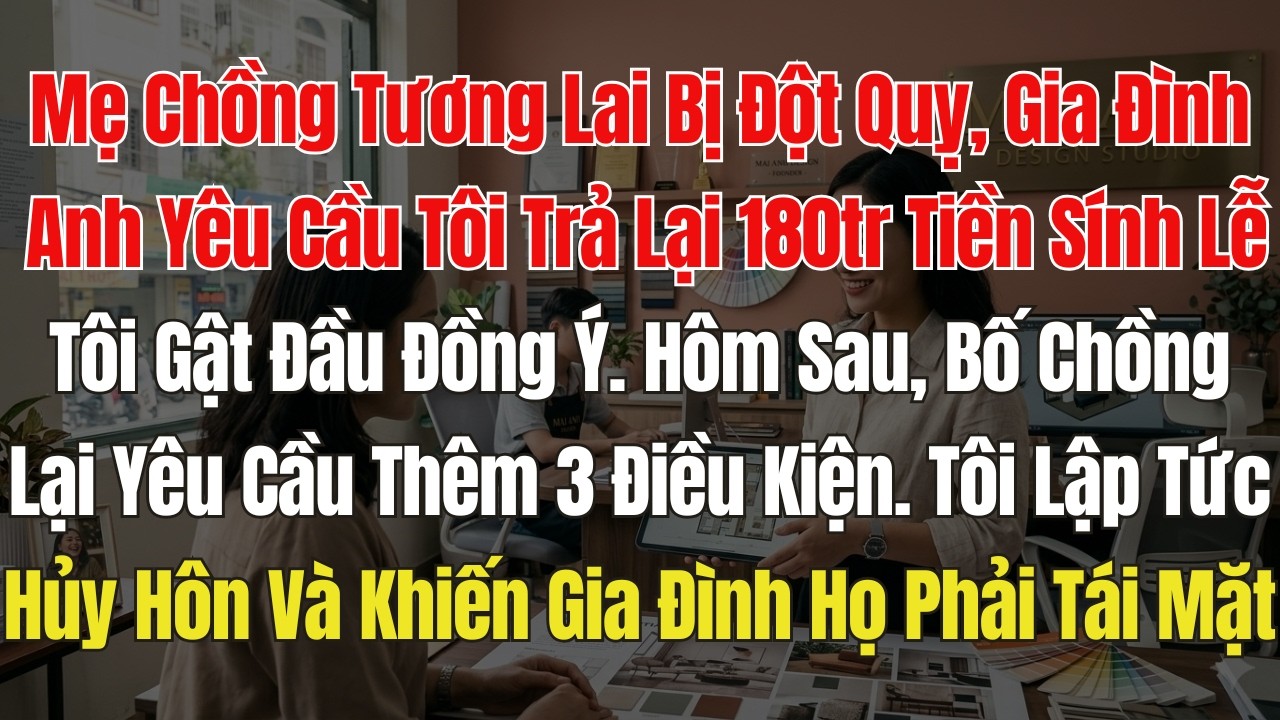 Mẹ chồng tương lai bị đột quỵ, anh cầu xin tôi trả lại sính lễ 180Tr. Khi bố Anh đưa thêm 3 yêu cầu