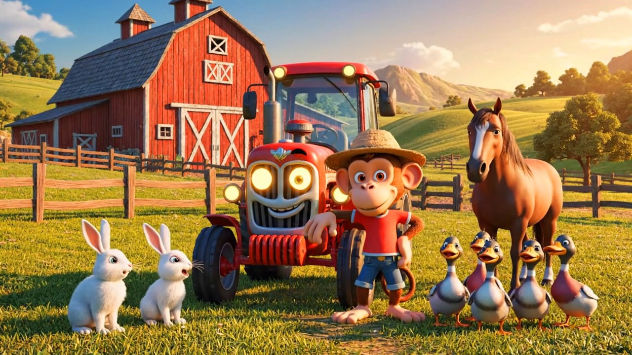 Monkey Farm Tractor Day 🚜 Monkeys Move a Horse with Gentle Care | Funny Cartoon for Kids