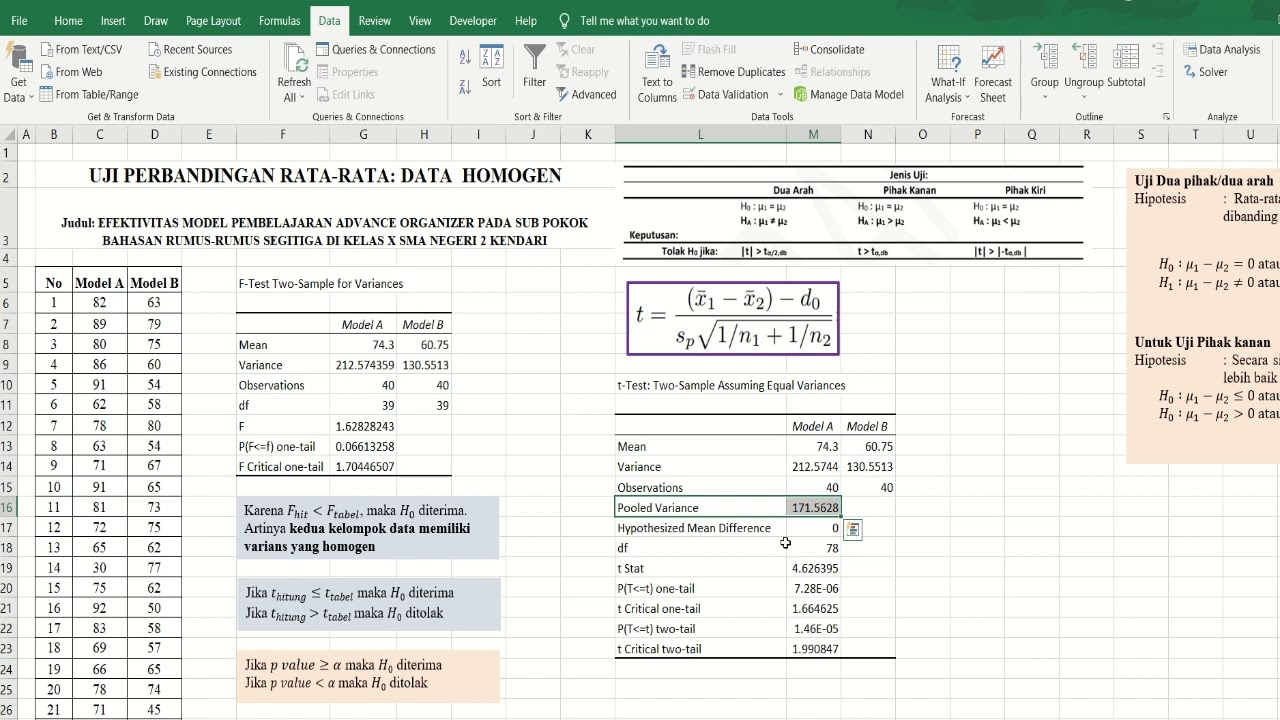 Uji t untuk data homogen menggunakan Ms Excel