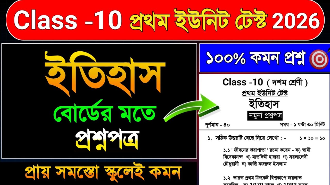 Class 10 History Suggestion 1st unit test 2026 || Class 10 1st unit test history question paper 2026