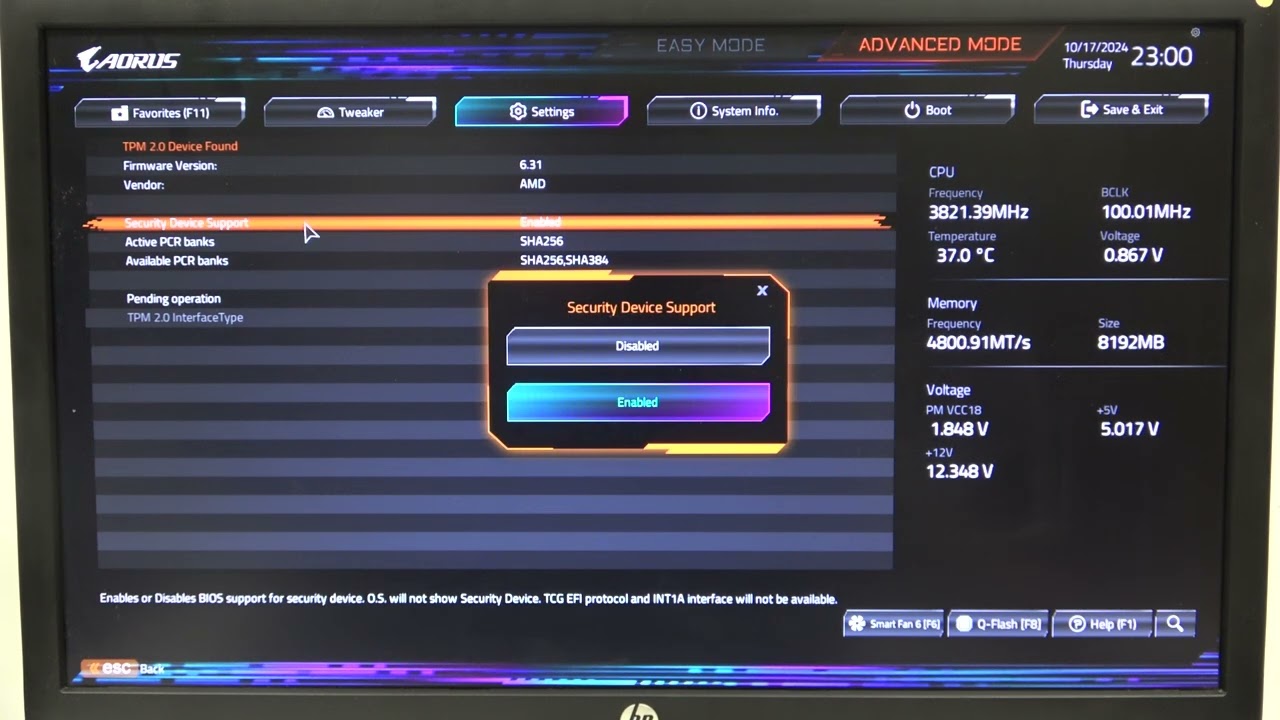 How to Enable/Disable Security Device Support on Gigabyte X870E AORUS Elite Motherboard