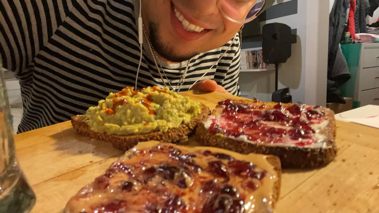 Ezekiel Bread Toast, PBJ, Avocado and Hot Sauce, Butter & Jelly, Choc Oat Milk ASMR