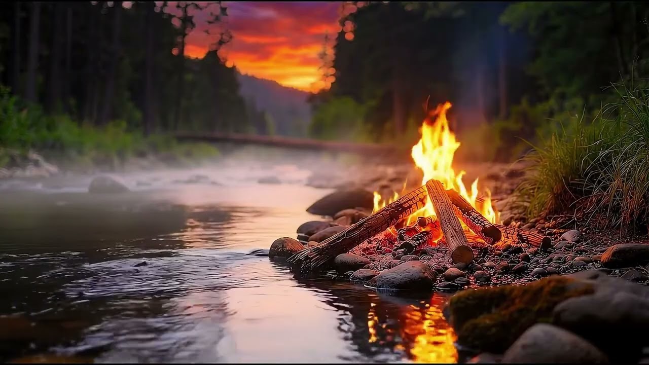 Falò sul fiume dopo il tramonto natura  - suoni rilassanti della natura