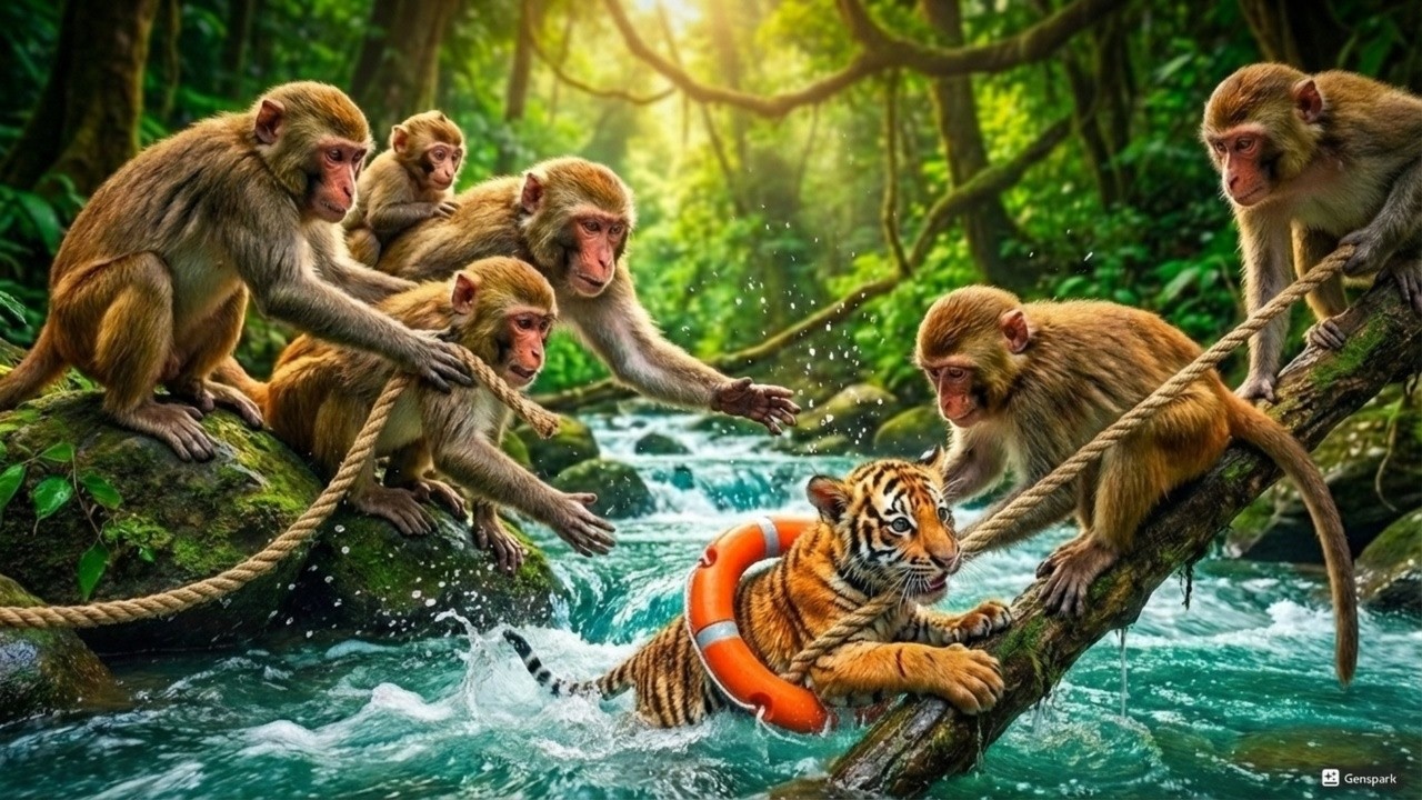 Unbelievable Jungle Rescue: Monkey Saves a Drowning Baby Tiger 🐒🐯😱 (4K)