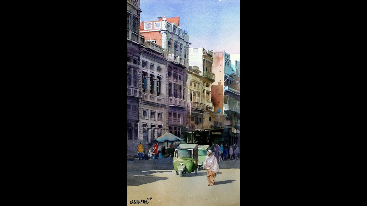 Watercolor Cityscape (food street, lahore) by Sabir Nazar