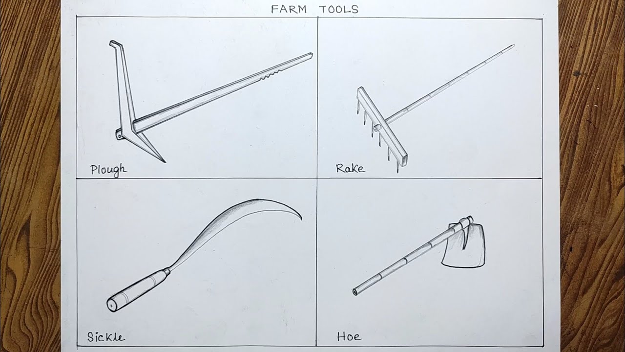 How to draw Agricultural tools step by step/ Plough, rake, sickle and hoe drawing/Farm tools drawing