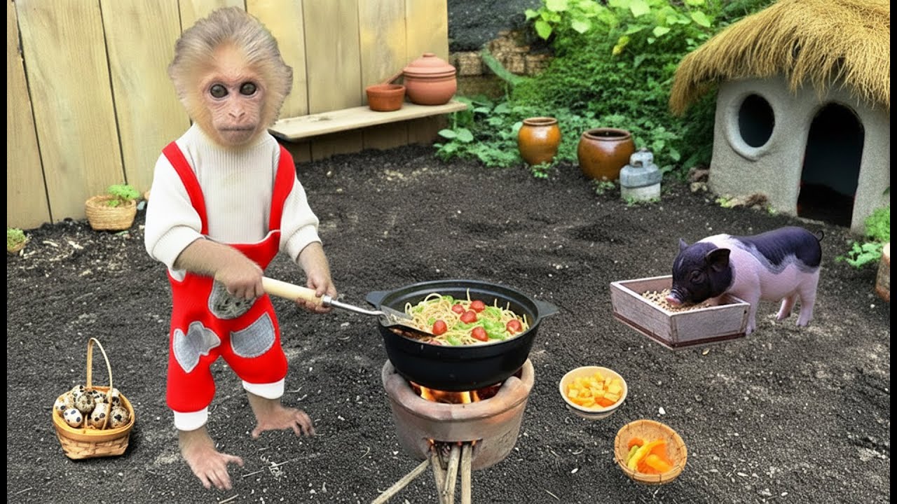 Smart Baby Monkey Xuka Harvests Fresh Vegetables and Makes Stir-Fried Noodles