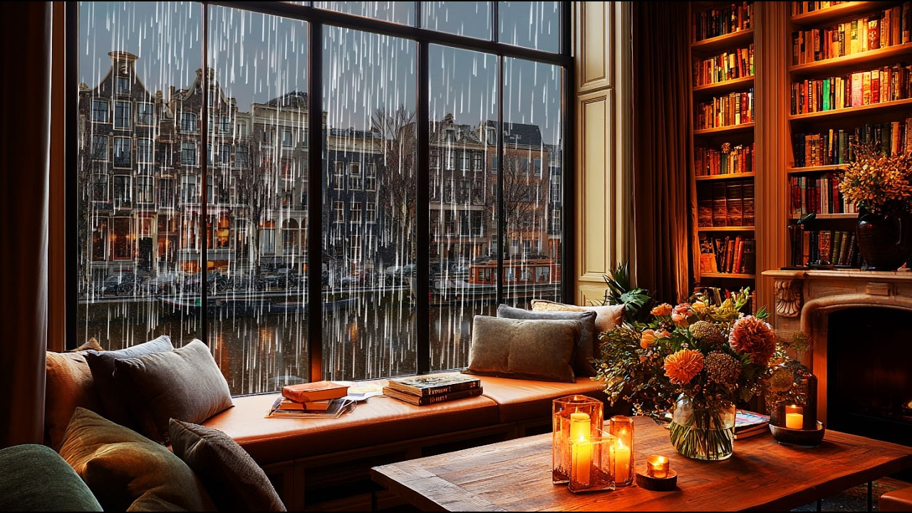 Cozy Winter Cafe Ambience with Rain Outside the Window – Relaxing Warm Evening (3 Hours)