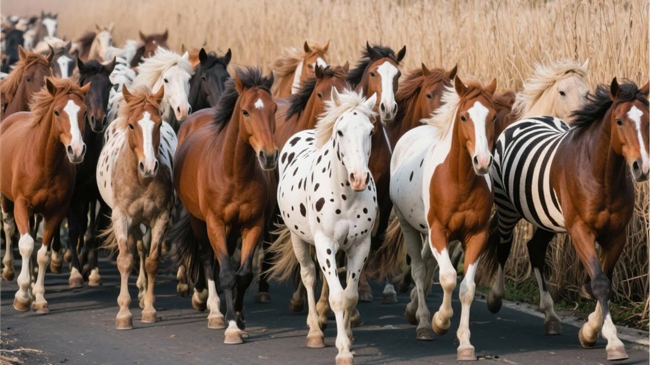 Разноцветные лошади бегут по бескрайним лугам - Звук ржания лошадей - Видео лошадей