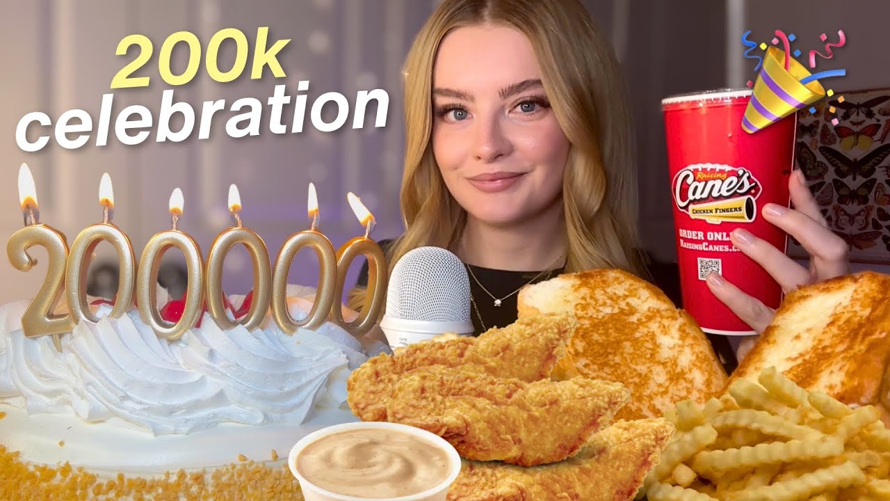 ASMR raising canes & strawberry cake mukbang! 🍰🎉 200K CELEBRATION