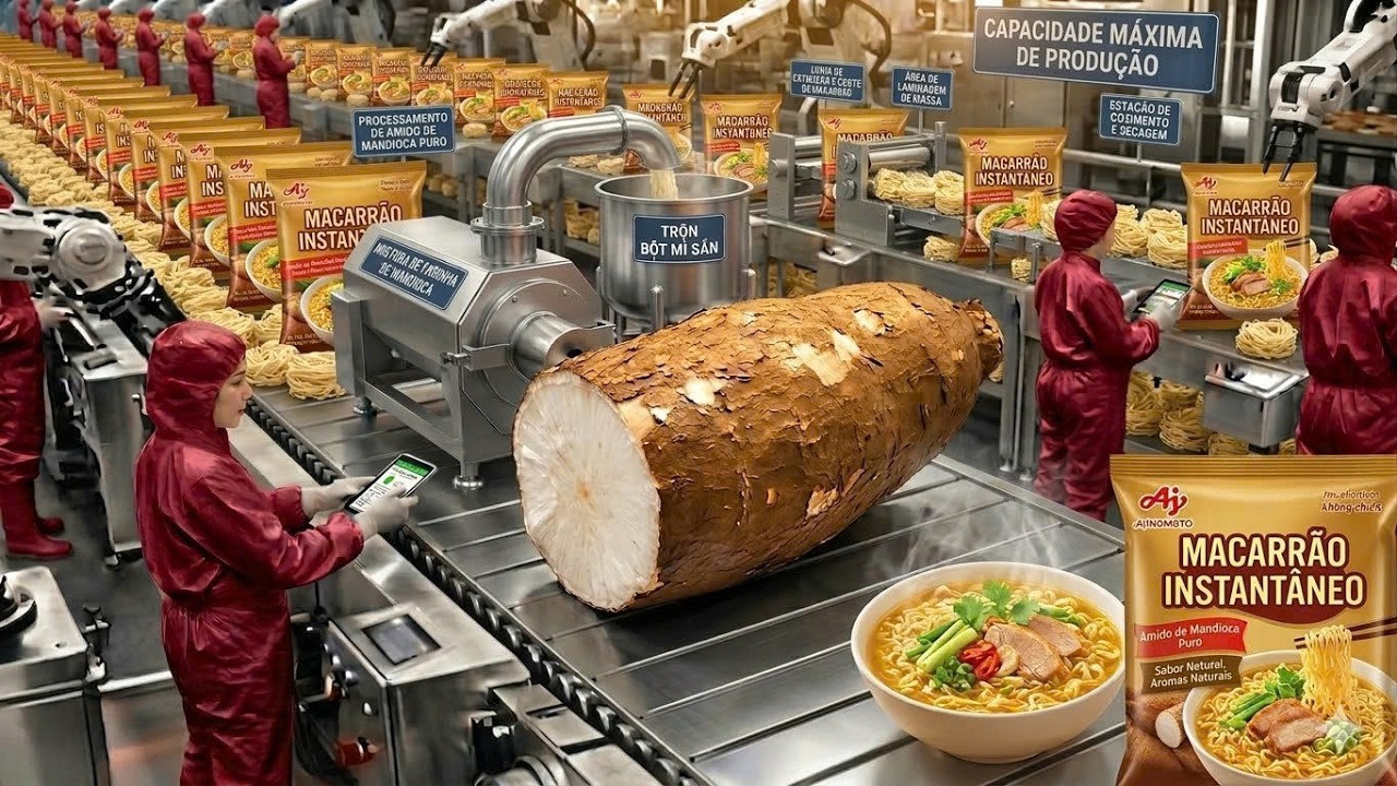 Interior de uma fábrica moderna que produz macarrão instantâneo de mandioca (todo o processo)