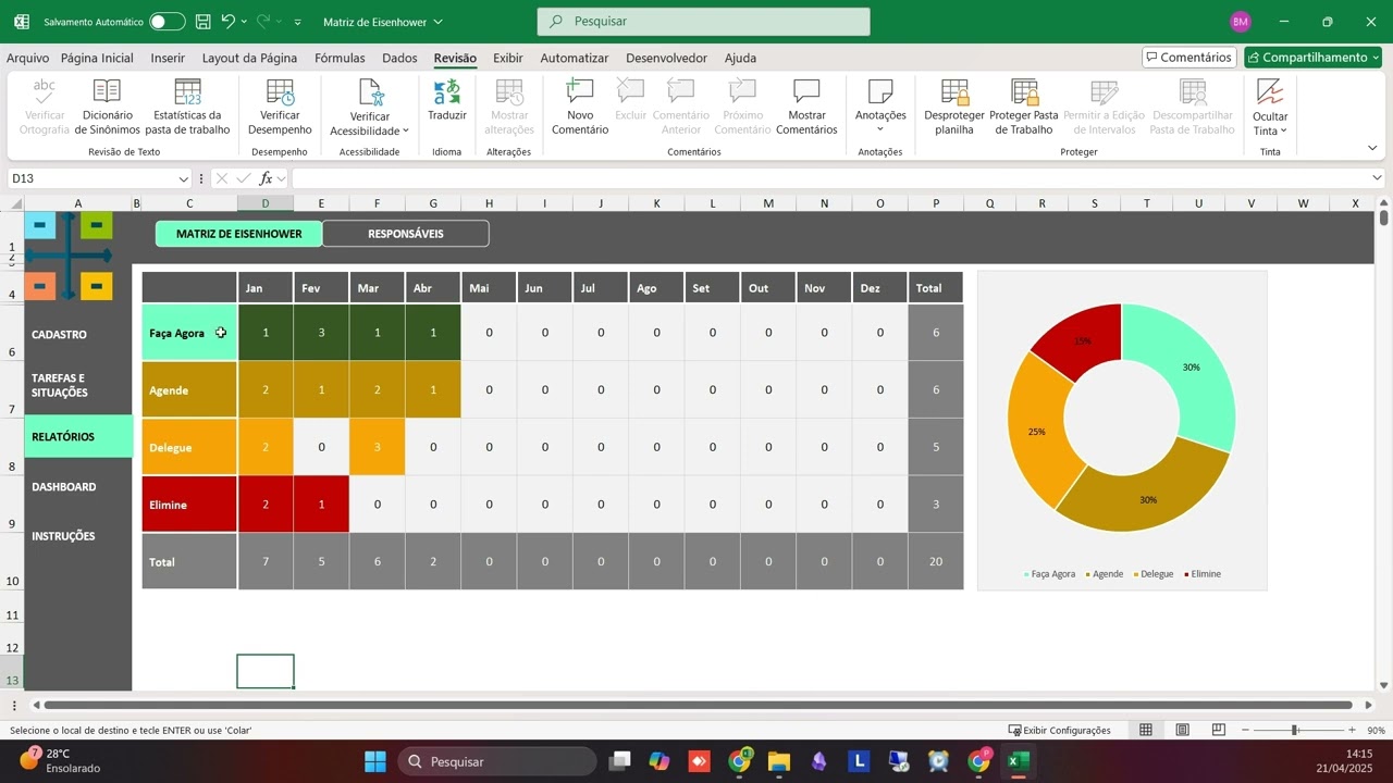 Planilha Matriz de Urgência Importância Eisenhower em Excel