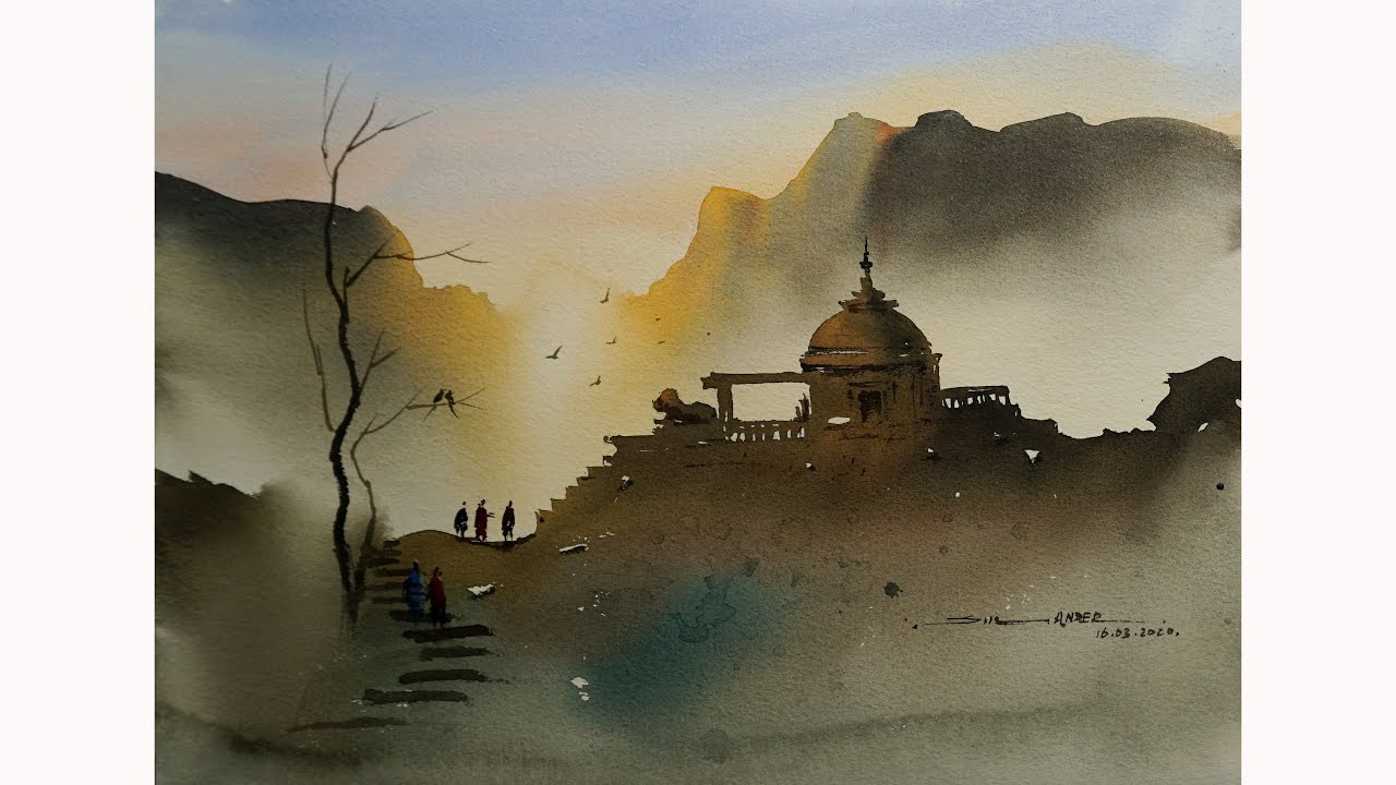 simple watercolor landscape painting of temple by sikander singh chandigarh INDIA