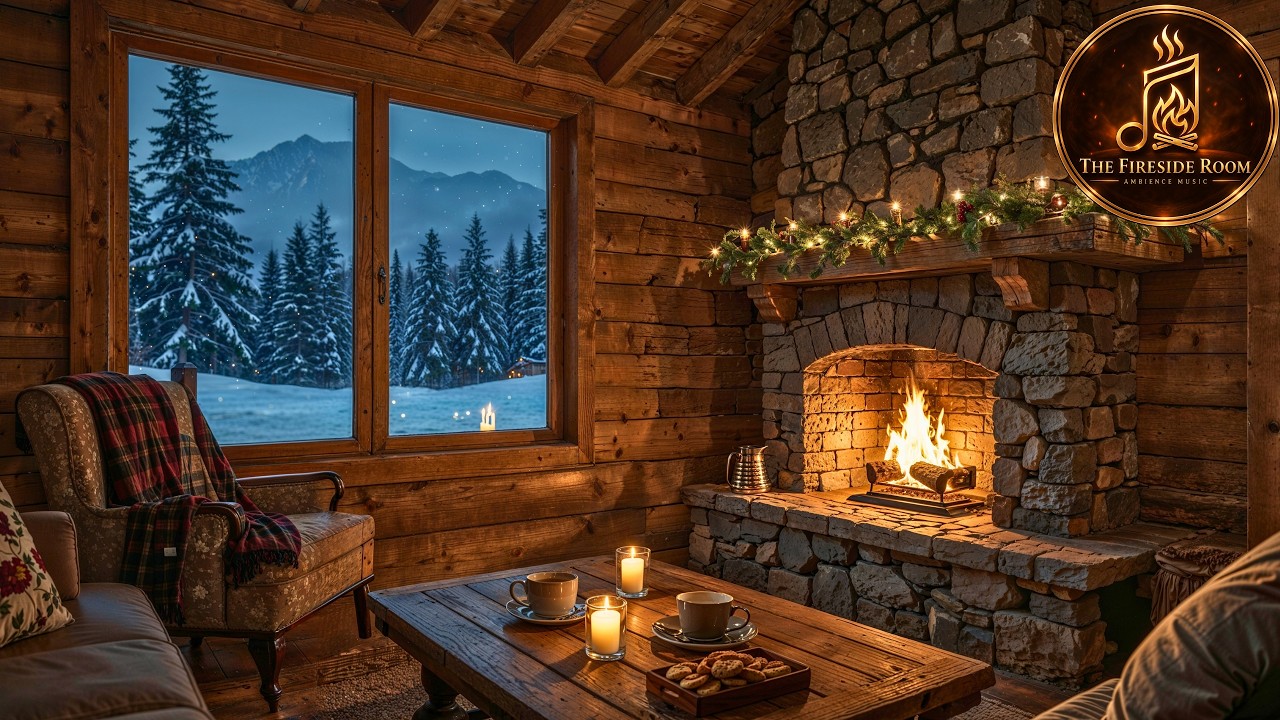 Snowy Mountain Cabin Fireplace 🔥❄️ Cozy Winter Storm Sounds for Sleep & Study (2 Hours)
