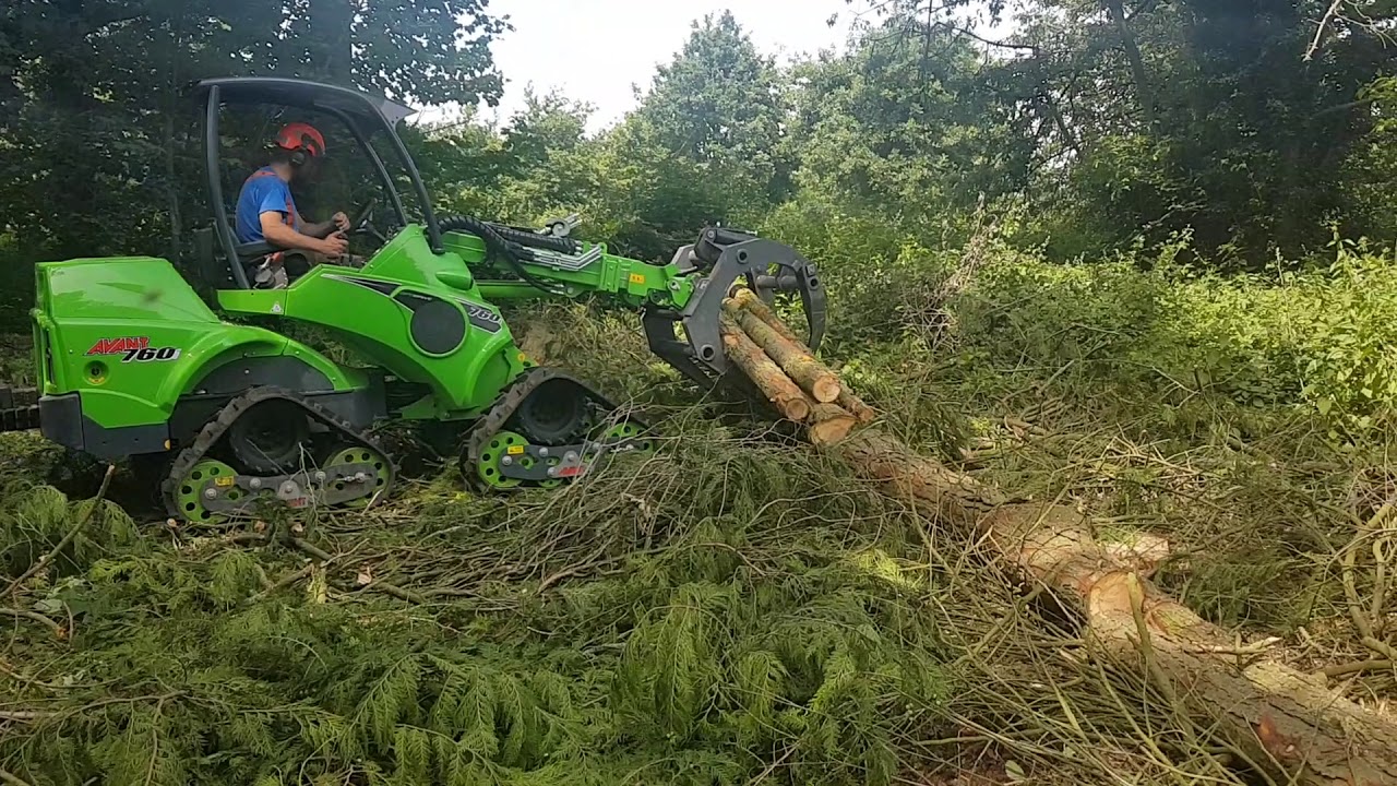 Avant 750 on tracks working in the forest.