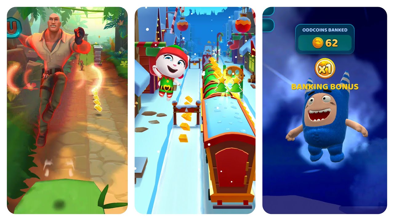 Talking Tom Gold Run Elf Angela vs Jumanji Epic Run Dr. Smolder Bravestone vs Oddbods Turbo Run Pogo