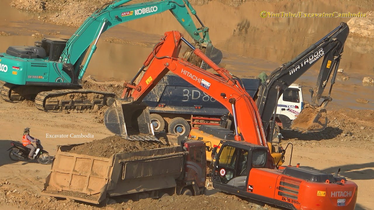 Amazing Extreme Hitachi Zaxis 350h VS Kobelco Sk380XDlc Digging Rock Loading Dump Trucks