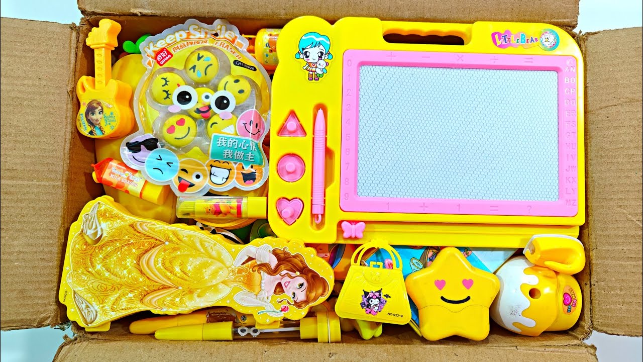 Classic Yellow Stationery Items, Scratch Board, Eraser, Sharpener, School Stationery, toy collection