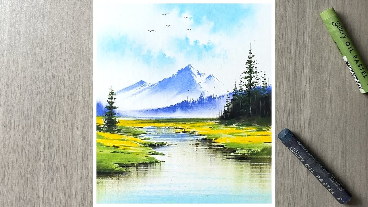 Oil pastel drawing - misty forest scenery