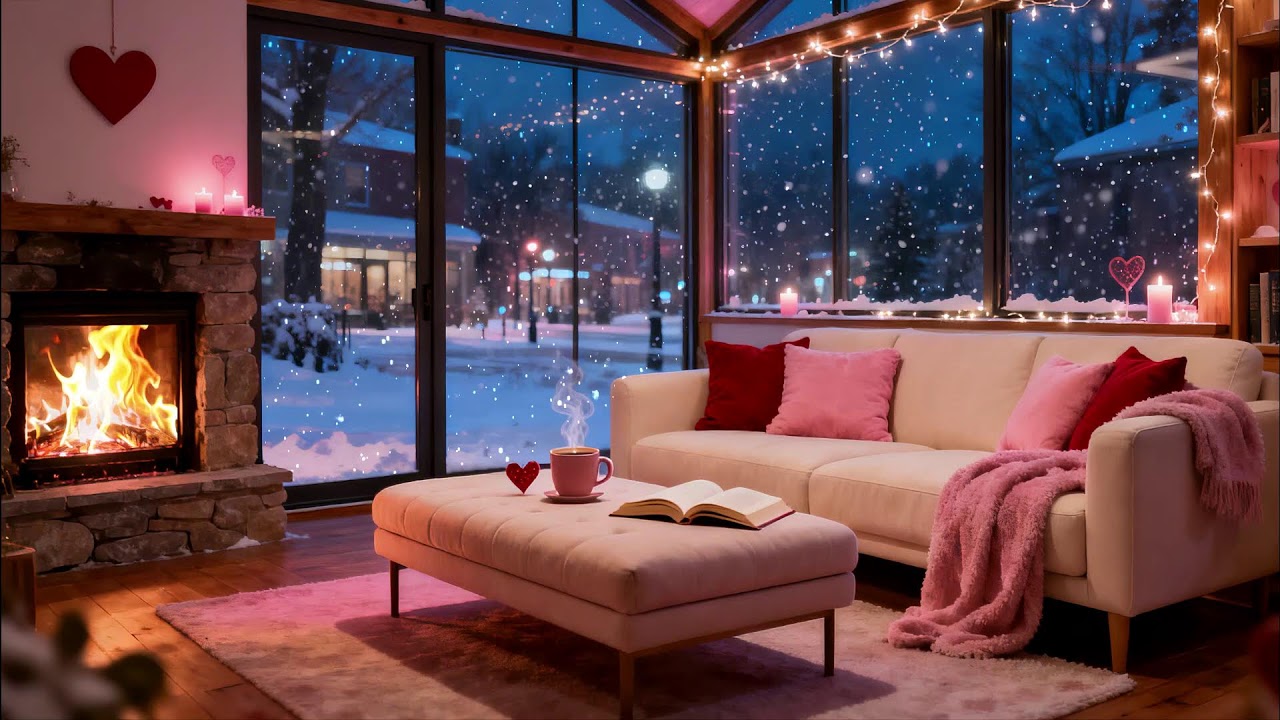 Pink Cozy Winter Ambience  Fireplace Glow & Snowfall for Sleep & Relax