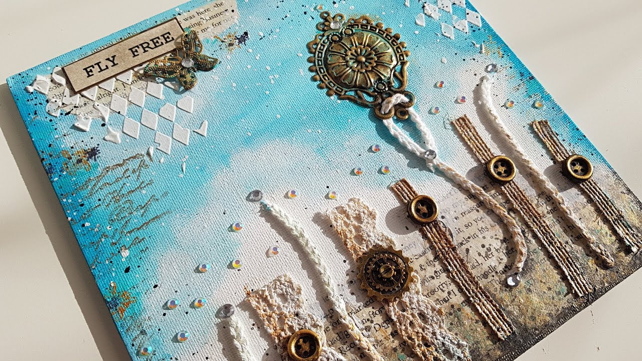 MIXED MEDIA CANVAS #1 - Fly Free - Simple & pretty with lace, ribbon, acrylic paint