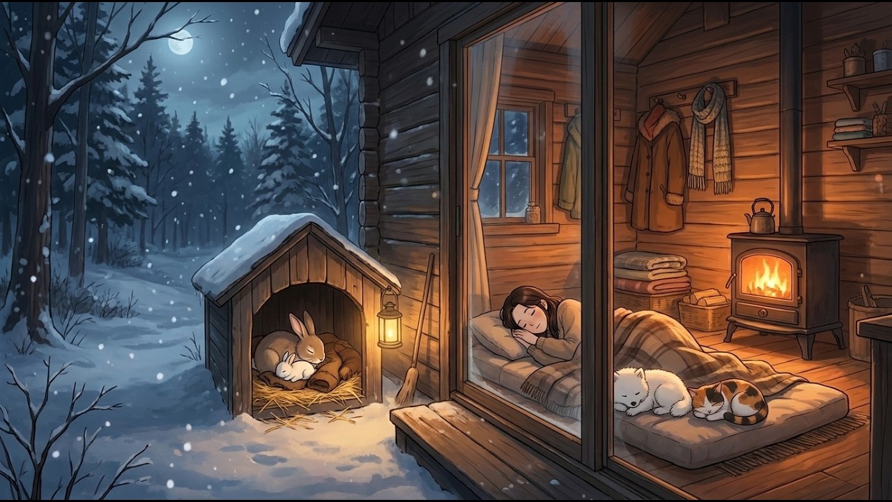 Cozy Winter Cabin ❄️ Rabbit Family, Fireplace & Snowy Night | Ghibli-Style ASMR