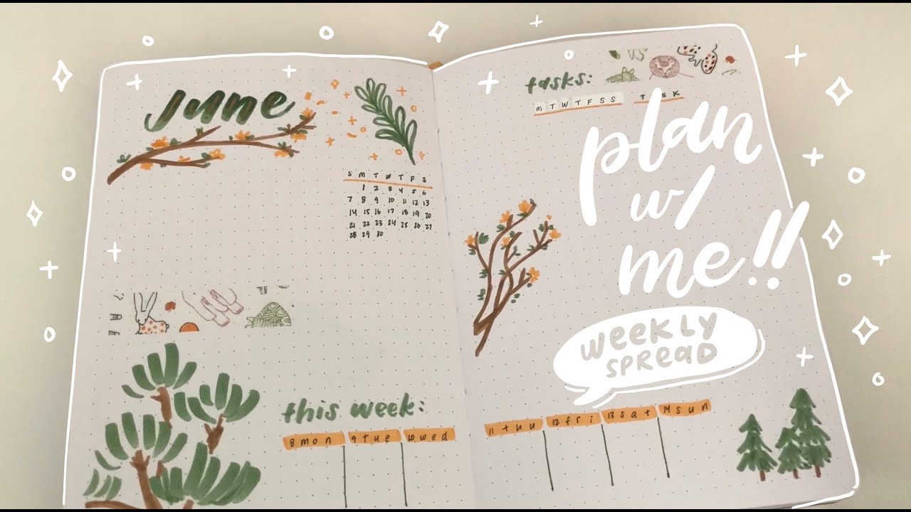 plan with me - june weekly bullet journal spread setup, botanical theme (~real time~)