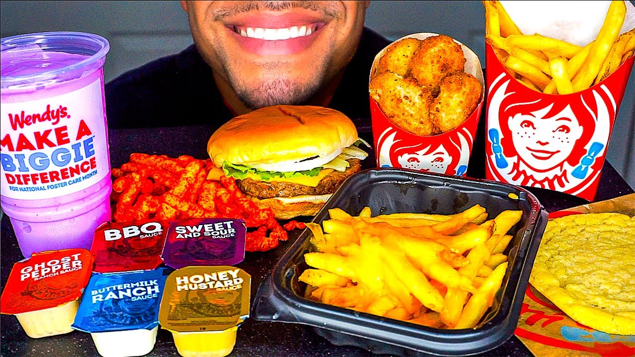 ASMR Wendy's Eating Show Hot Cheetos Mukbang Jalapeño Cheese Fries Nuggets Frosty *No Talking Jerry