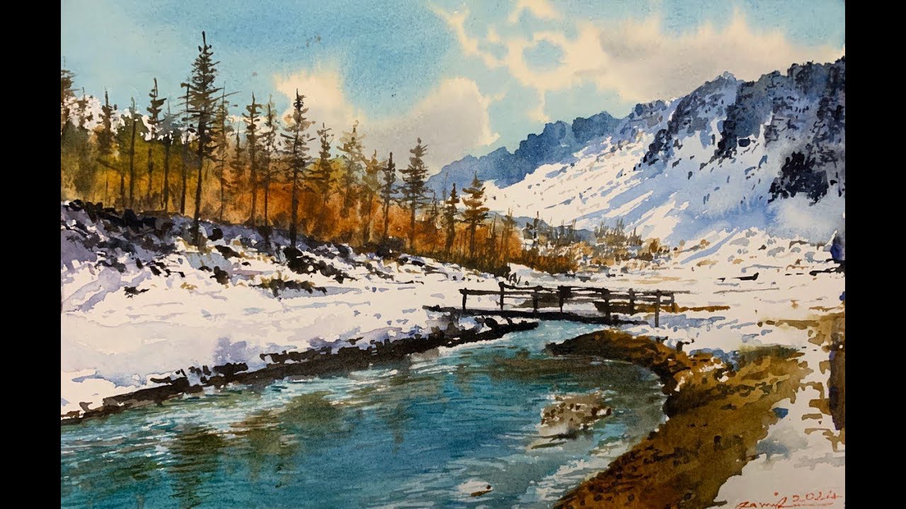 Watercolor painting tutorial - Snowy Scene