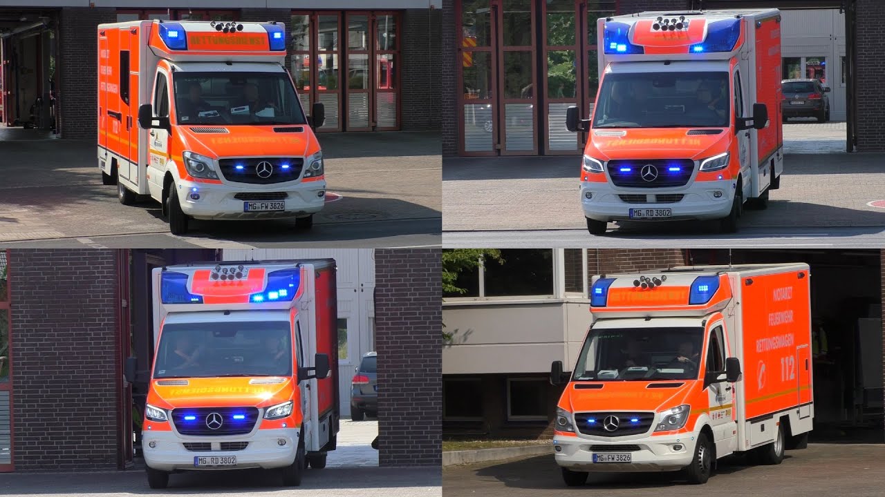 12-RTW-01 & 02-RTW-02 der Feuerwehr & Rettungsdienst Mönchengladbach Feuerwache 2 auf Einsatzfahrten