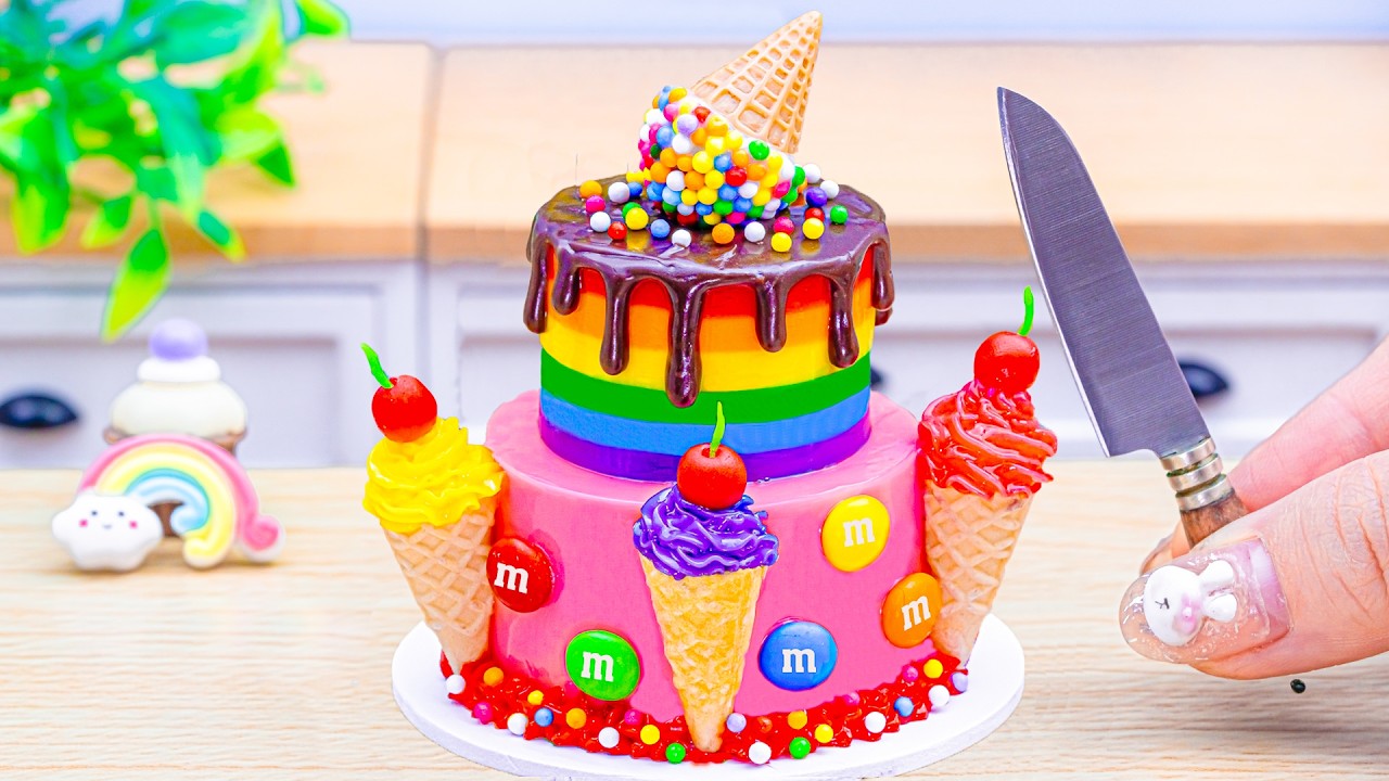 Mini Rainbow Cake Recipe With Ice Cream 🌈 Colorful Rainbow Cake Decorating and DIY