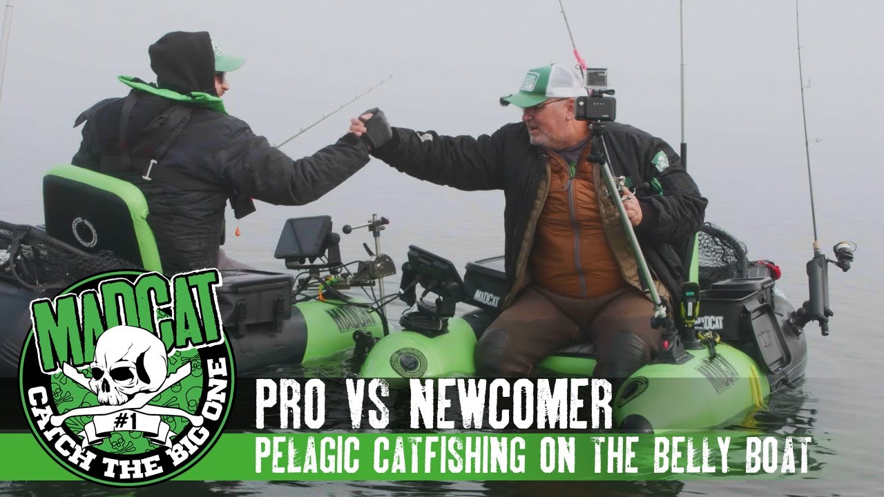 PRO VS NEWCOMER: Pelagic Catfishing on the Belly Boat Pro Motor with the Pelagic Cat Lure I MADCAT