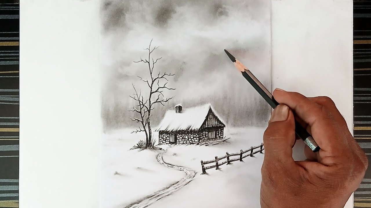 How to draw a beautiful snowy winter season landscape.