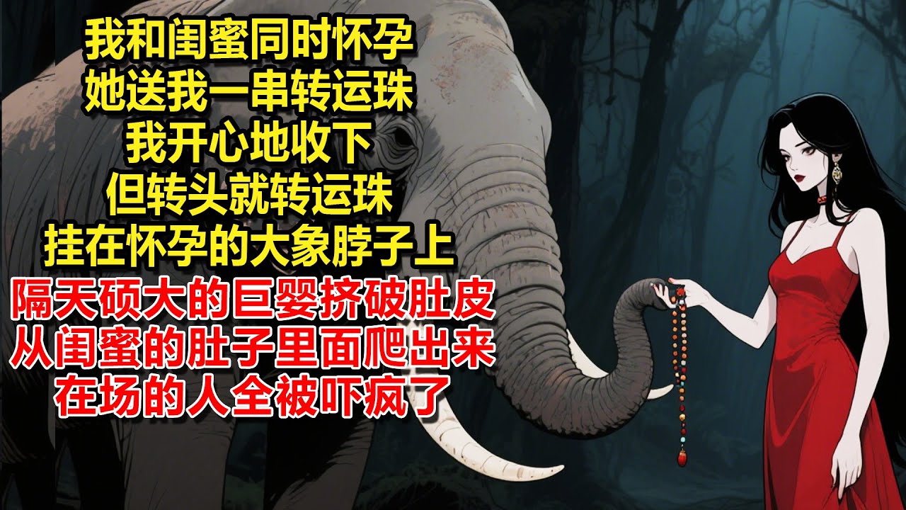 我和閨蜜同時懷孕，她送我一串轉運珠，我開心地收下，但轉頭就轉運珠掛在懷孕的大象脖子上，隔天，體型碩大的巨嬰擠破肚皮從閨蜜的肚子裏面爬出來，在場的人全被嚇瘋了