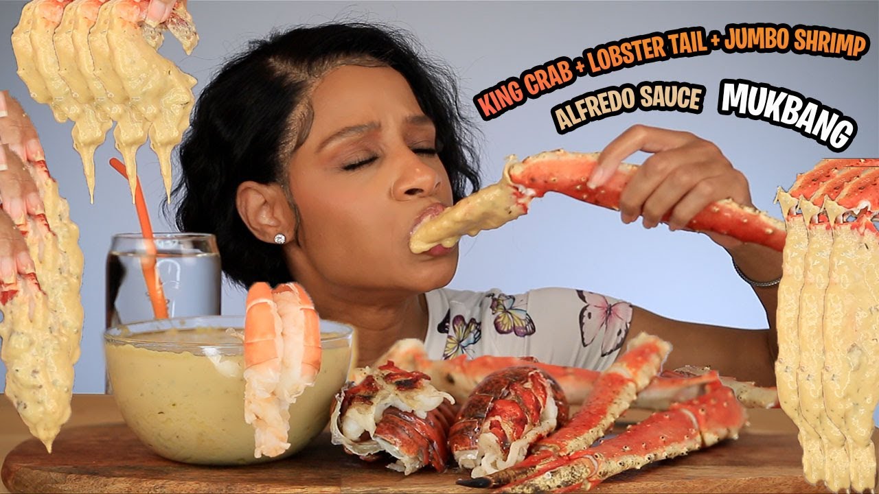 ASMR KING CRAB - MUKBANG - SEAFOOD BOIL - LOBSTER TAILS - JUMBO SHRIMP - ALFREDO SAUCE - EATING